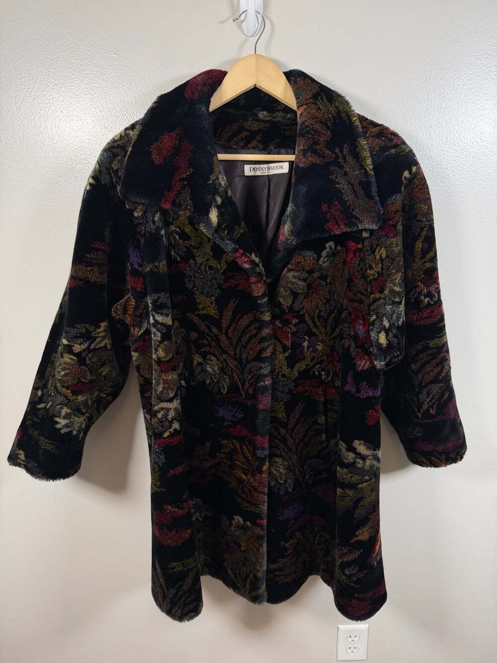 Vintage Donnybrook Faux Fur Coat Size Large? Black Floral Glam Mob Wife 80s